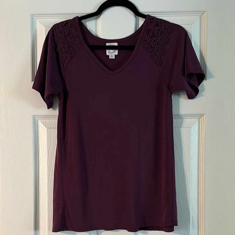 Blue Rain Deep Purple V-Neck Top with Lace Shoulders